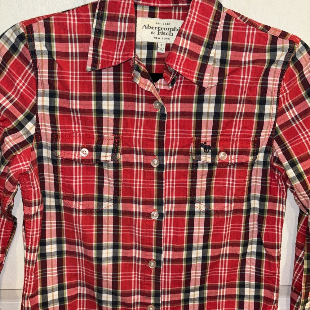 Abercrombie Fitch Button Shirt Unisex Small Plaid Red Y2K Long Sleeve